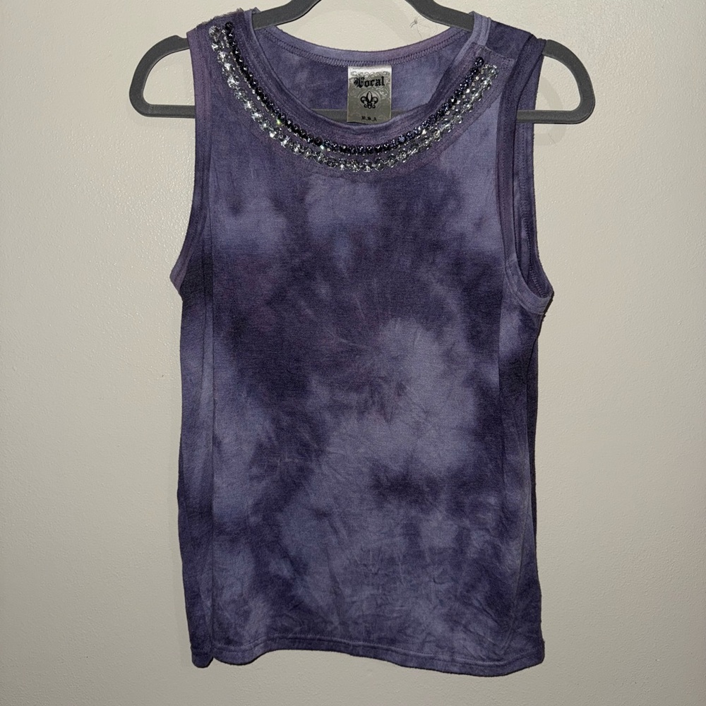 Vocal Purple Tie-Dye Tank Top with Embellished Neckline